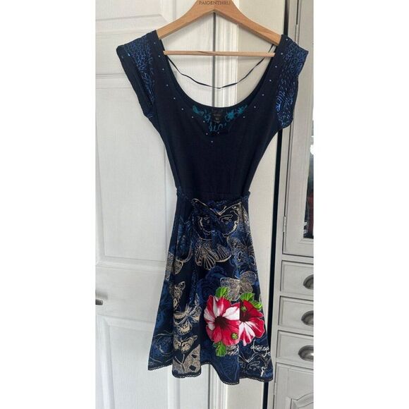 Desigual Y2K Blue Butterfly Floral Dress Women's Small Fairycore - Picture 2 of 9